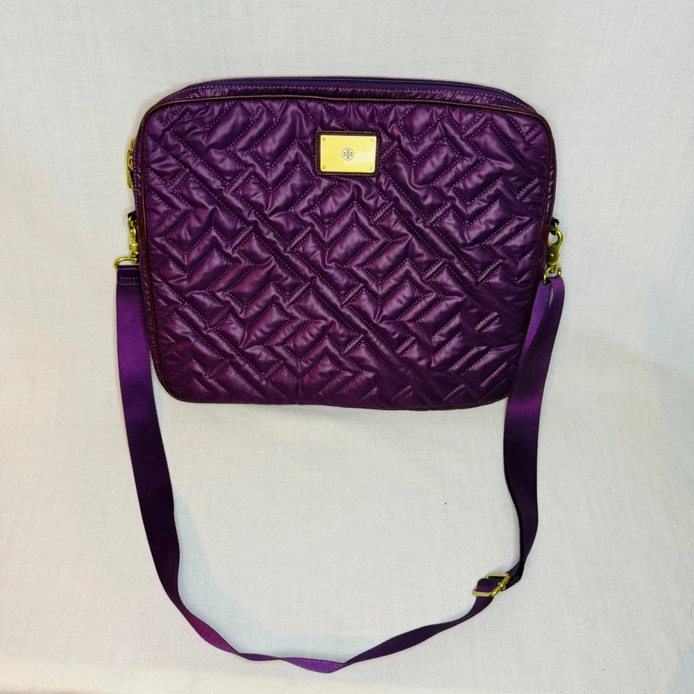 Tory Burch Purple Quilted Crossbody Laptop Bag Padded Tech Case Gold Hardware